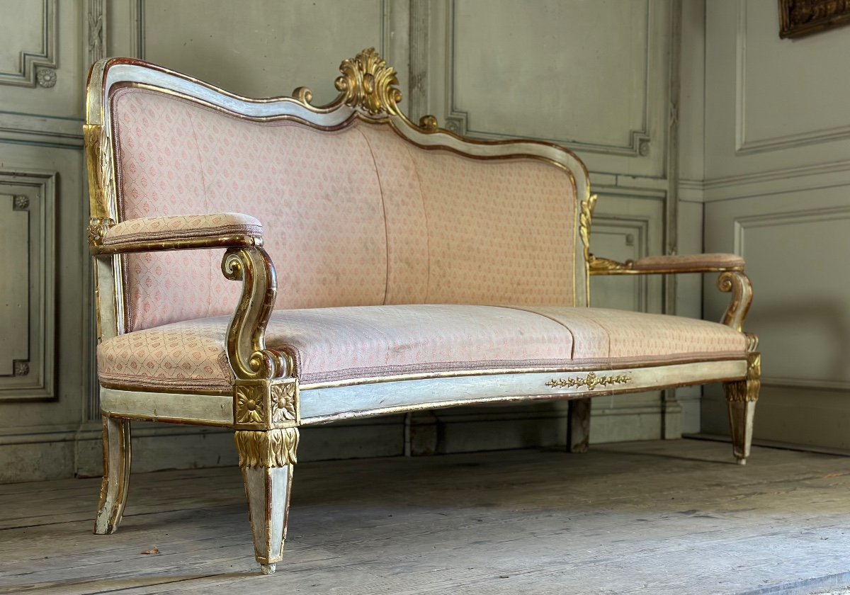 Baroque Style Bench In Golden And Painted Wood, Italy, 19th Century