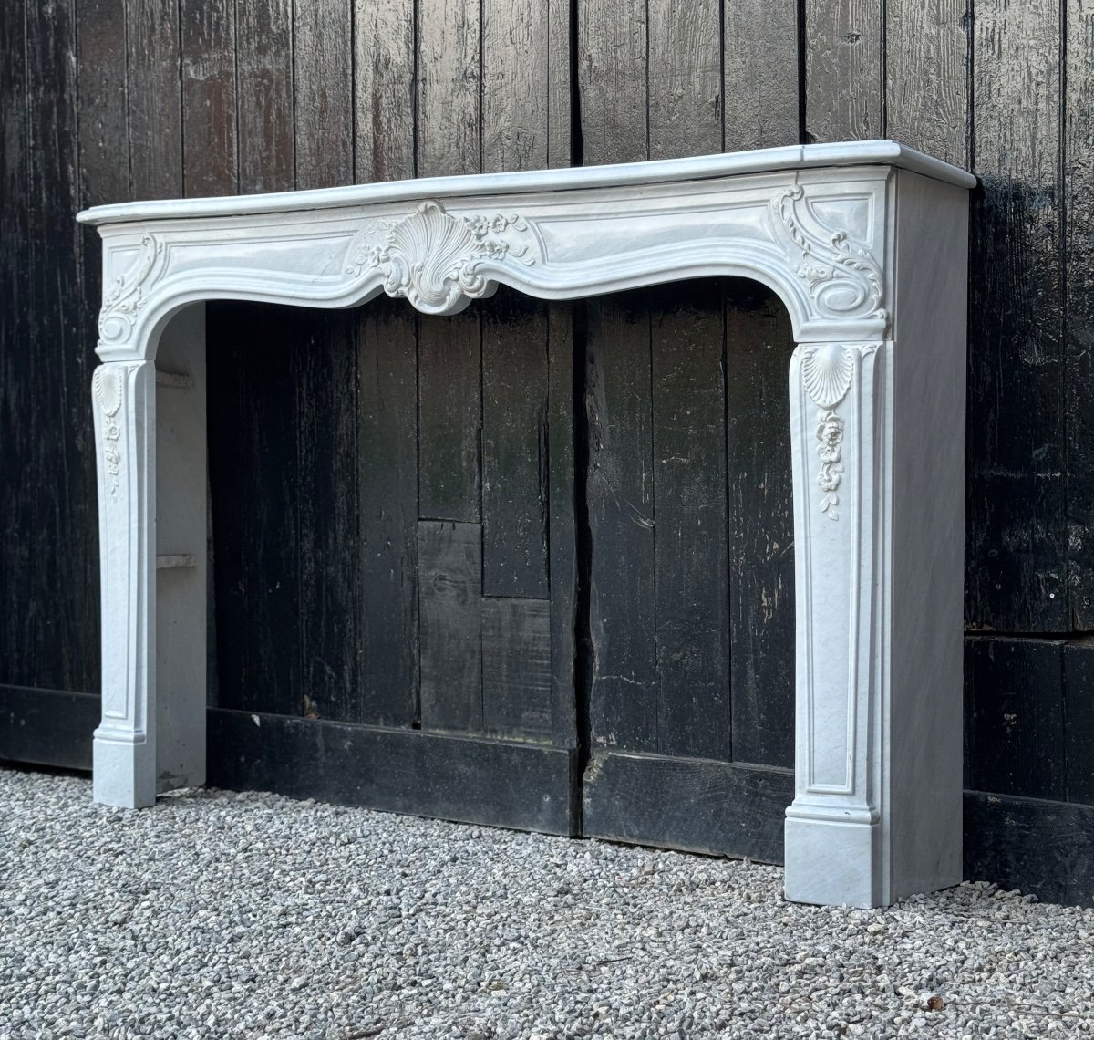 Louis XV Style Fireplace In Gray White Carrara Marble Circa 1980