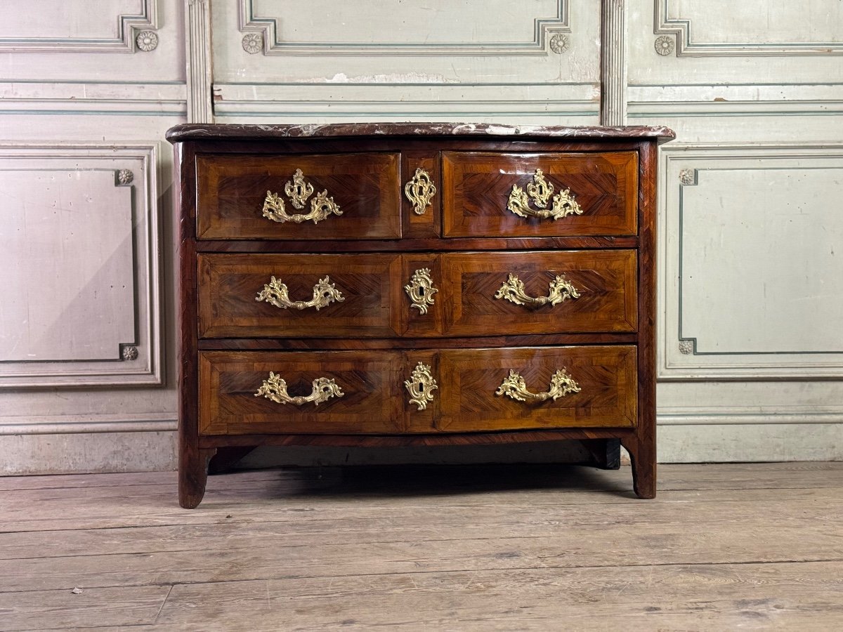 Louis XV Commode In Veneer And Gilded Bronzes, Rance Marble, 18th Century -photo-3