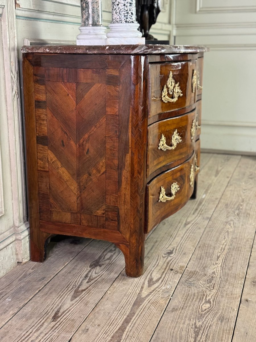 Louis XV Commode In Veneer And Gilded Bronzes, Rance Marble, 18th Century -photo-6