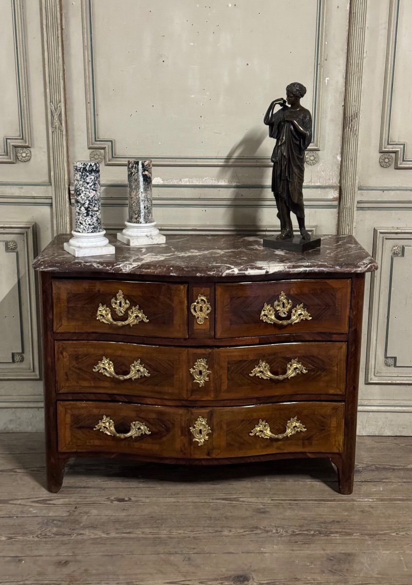 Louis XV Commode In Veneer And Gilded Bronzes, Rance Marble, 18th Century -photo-7