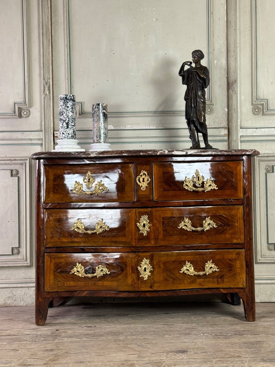 Louis XV Commode In Veneer And Gilded Bronzes, Rance Marble, 18th Century -photo-4