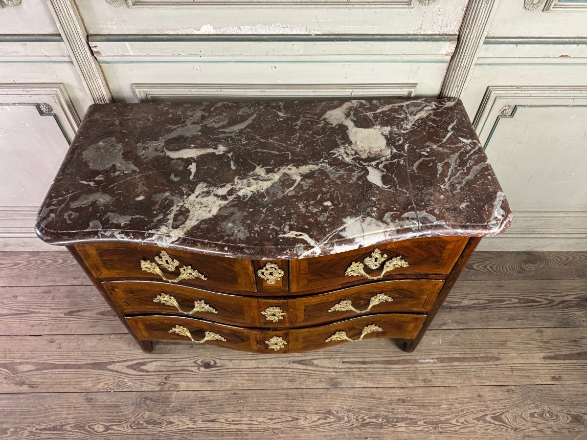 Louis XV Commode In Veneer And Gilded Bronzes, Rance Marble, 18th Century -photo-2