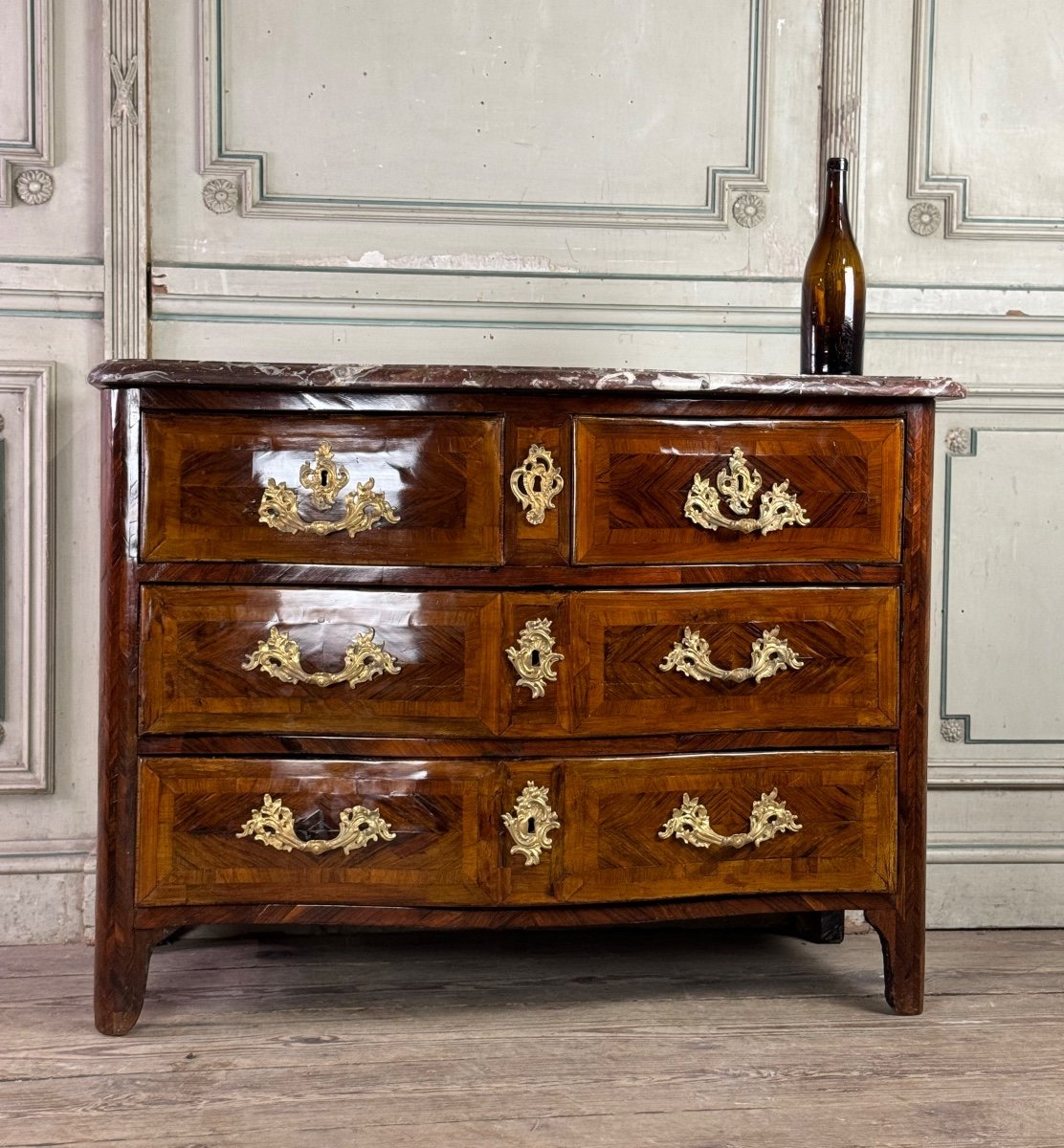 Louis XV Commode In Veneer And Gilded Bronzes, Rance Marble, 18th Century -photo-1