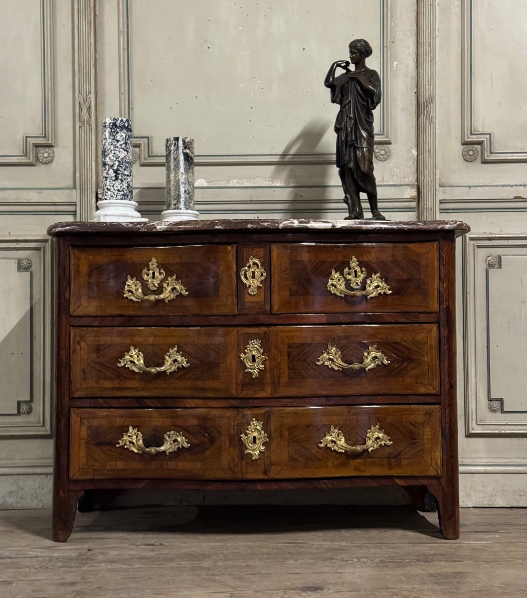 Louis XV Commode In Veneer And Gilded Bronzes, Rance Marble, 18th Century 