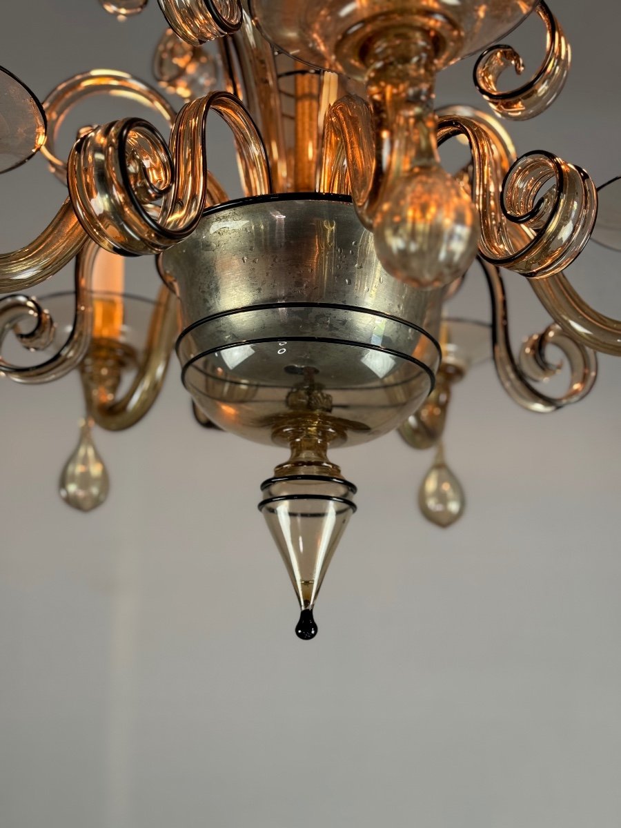 Venetian Chandelier In Mordore Murano Glass Highlighted With Black Lining, Circa 1950-photo-1