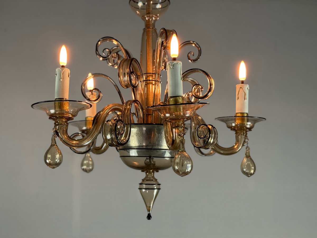 Venetian Chandelier In Mordore Murano Glass Highlighted With Black Lining, Circa 1950-photo-2