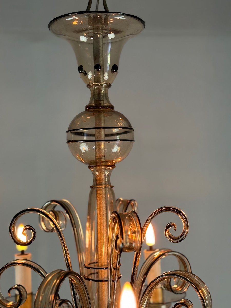 Venetian Chandelier In Mordore Murano Glass Highlighted With Black Lining, Circa 1950-photo-3