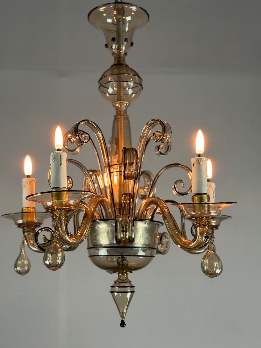 Venetian Chandelier In Mordore Murano Glass Highlighted With Black Lining, Circa 1950-photo-5