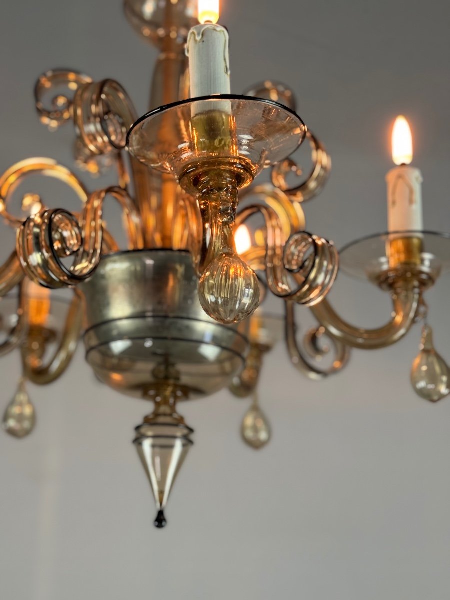 Venetian Chandelier In Mordore Murano Glass Highlighted With Black Lining, Circa 1950-photo-6