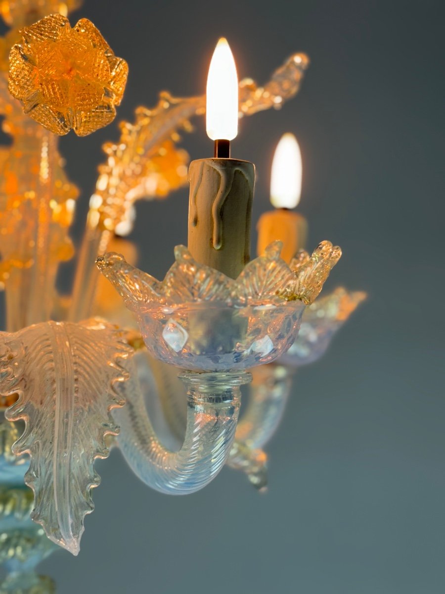 Small Venetian Chandelier In Opalescent Blue And Gold Murano Glass, 6 Arms Of Light Circa 1950-photo-1