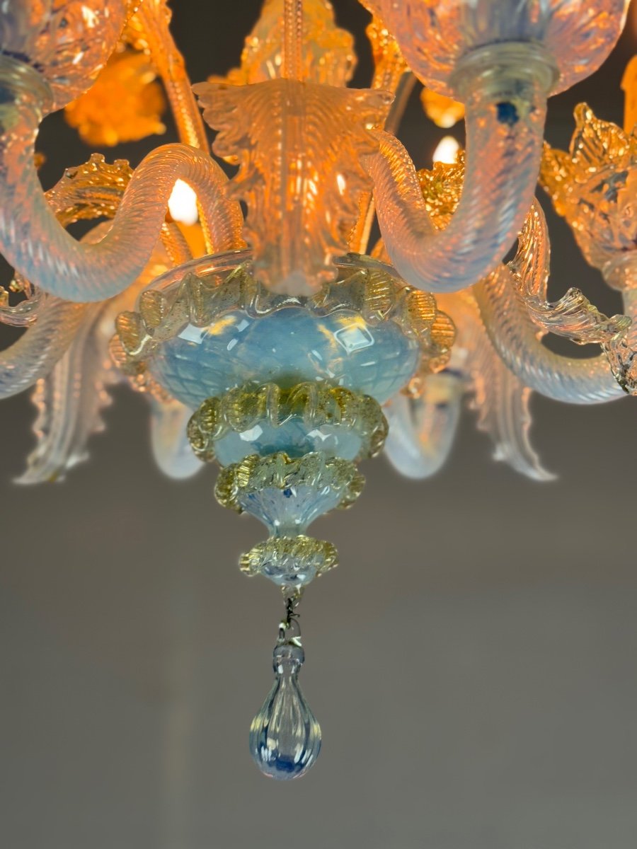 Small Venetian Chandelier In Opalescent Blue And Gold Murano Glass, 6 Arms Of Light Circa 1950-photo-2