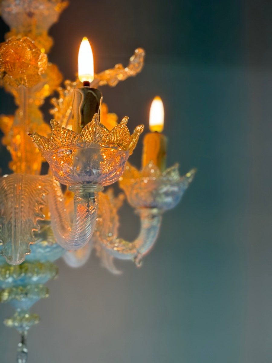 Small Venetian Chandelier In Opalescent Blue And Gold Murano Glass, 6 Arms Of Light Circa 1950-photo-3