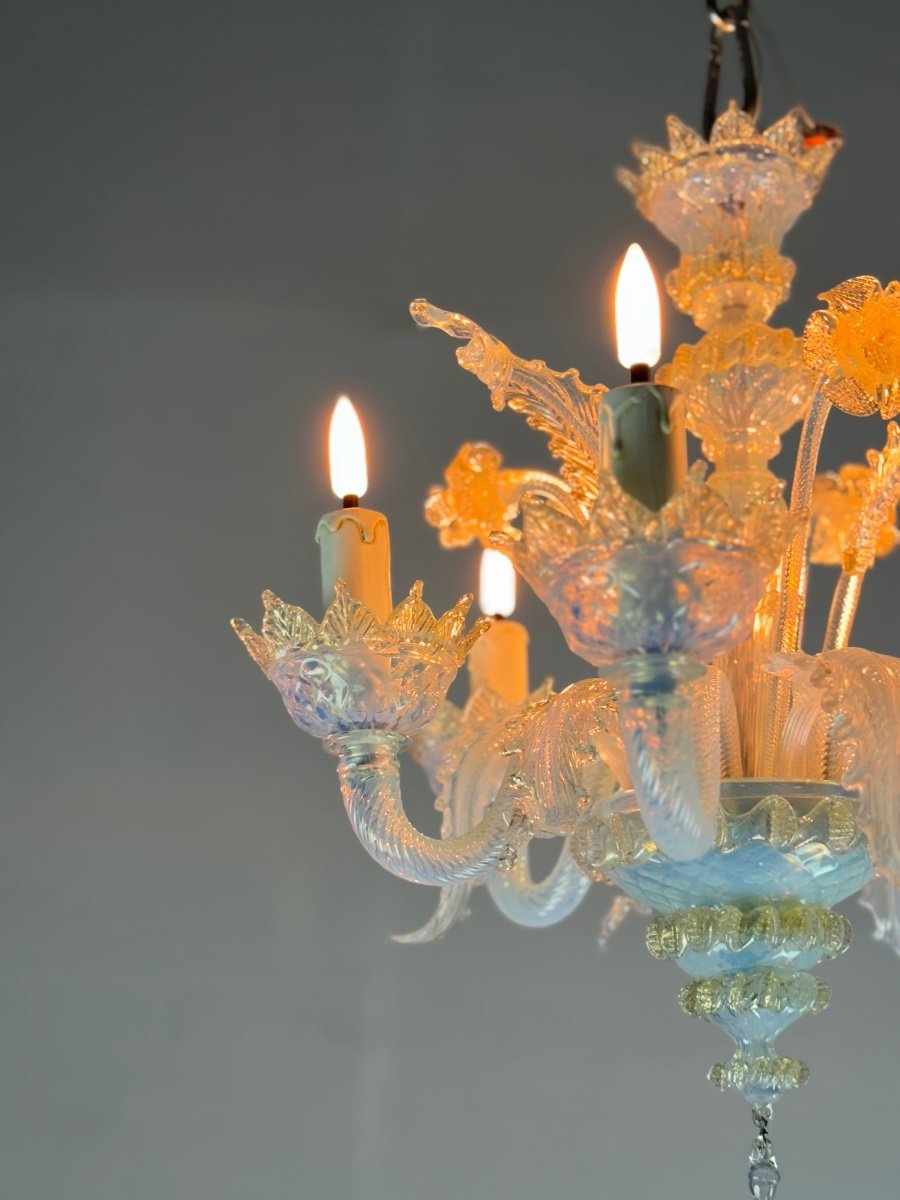 Small Venetian Chandelier In Opalescent Blue And Gold Murano Glass, 6 Arms Of Light Circa 1950-photo-6