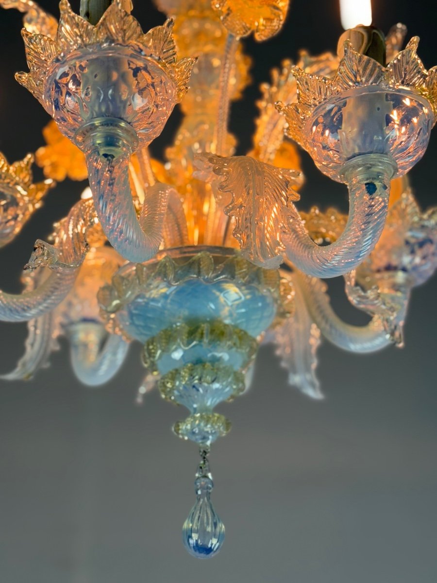 Small Venetian Chandelier In Opalescent Blue And Gold Murano Glass, 6 Arms Of Light Circa 1950-photo-7
