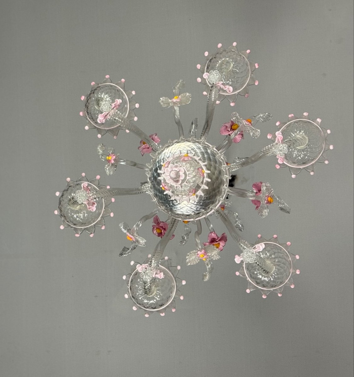 Lustre Vénitien En Verre De Murano Incolore Et Rose, 6 Bras De Lumière Vers 1940-photo-3