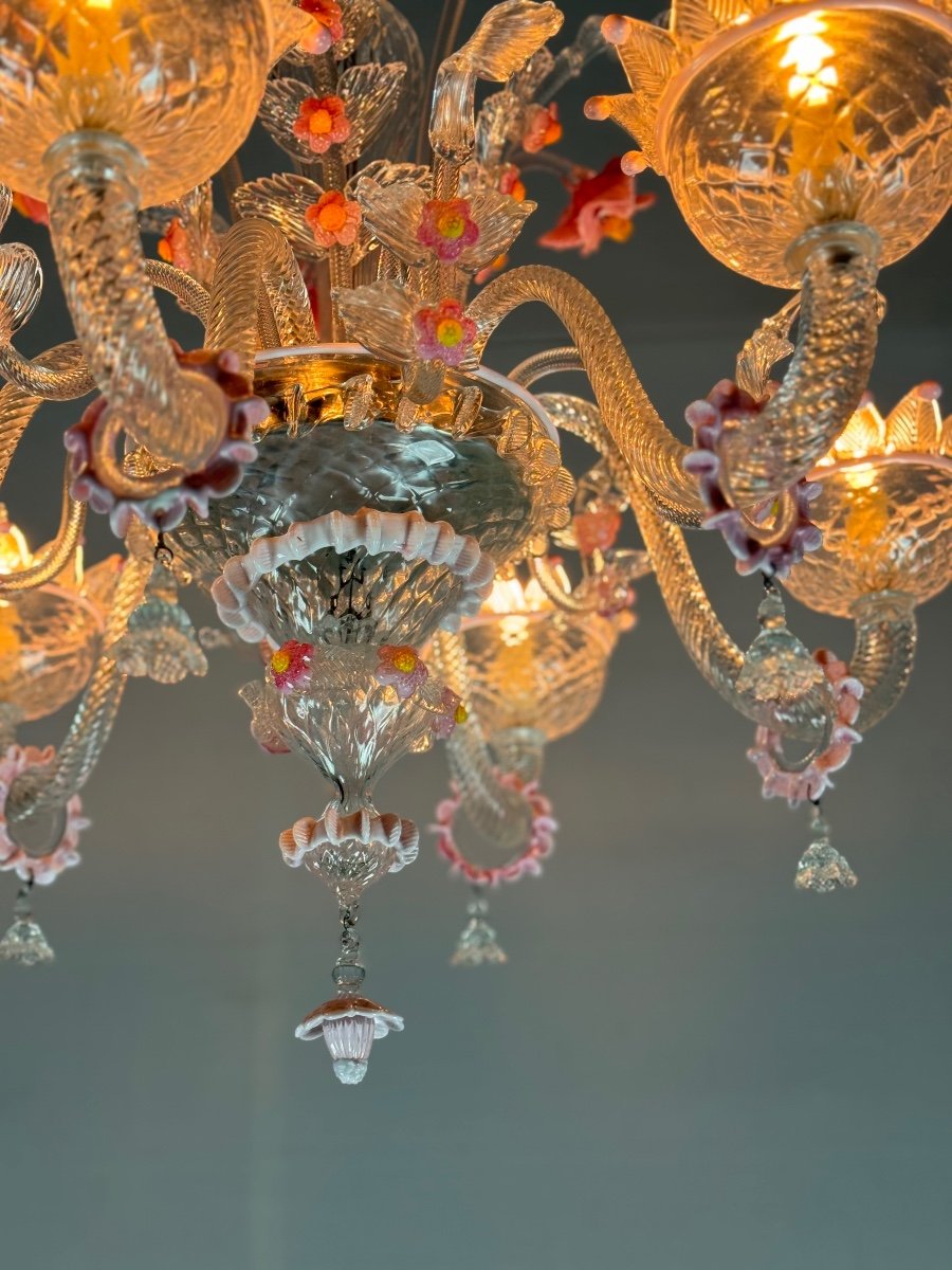 Venetian Chandelier In Colorless And Pink Murano Glass, 6 Arms Of Light Circa 1940-photo-4