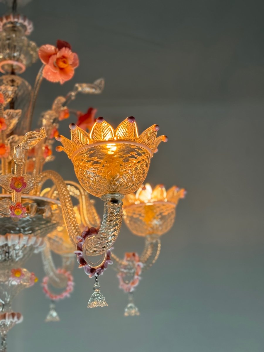 Venetian Chandelier In Colorless And Pink Murano Glass, 6 Arms Of Light Circa 1940-photo-5