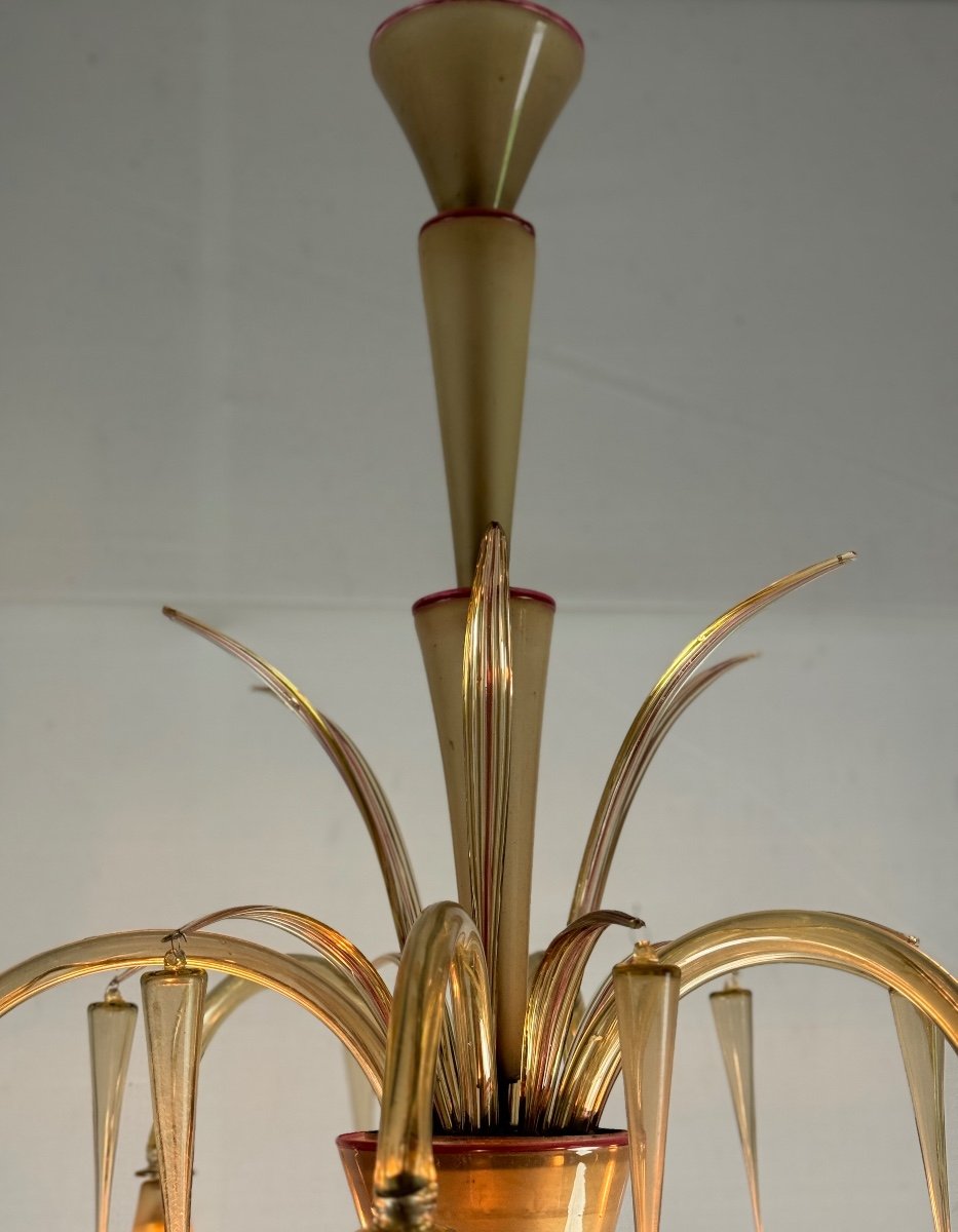 Venetian Chandelier In Beige/gray Murano Glass Bordered With A Red Line, Venini Circa 1950-photo-5