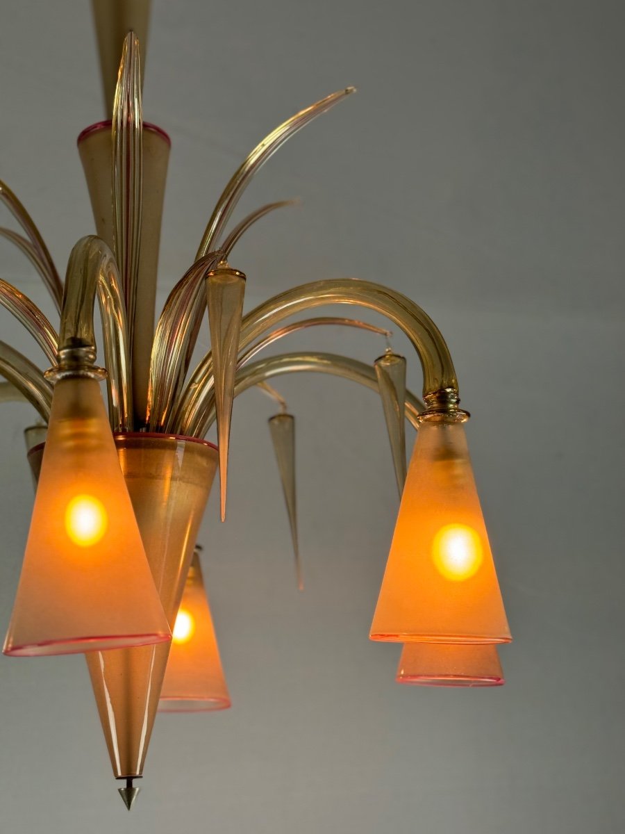 Venetian Chandelier In Beige/gray Murano Glass Bordered With A Red Line, Venini Circa 1950-photo-6