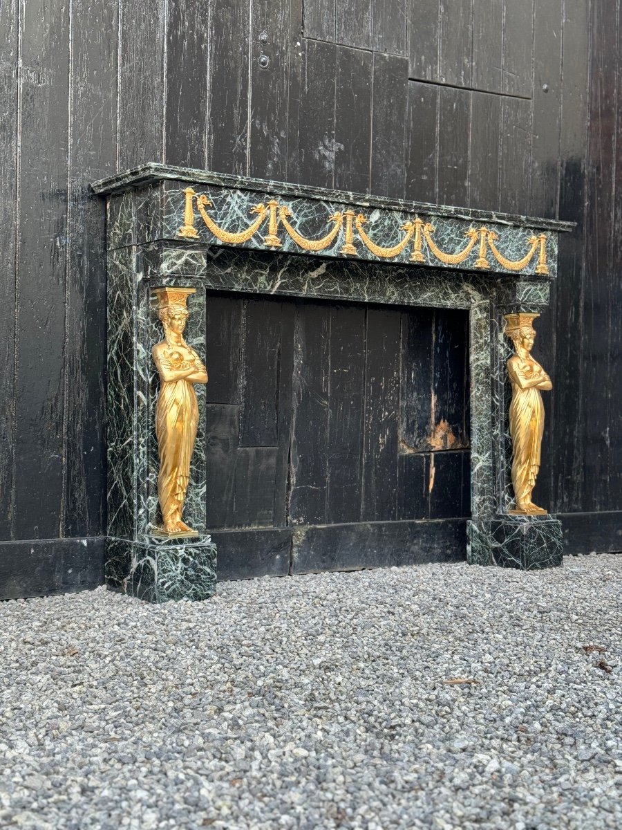 Cheminée De Style Empire En Marbre Vert Antique Et Bronzés Dorés Vers 1880-photo-4