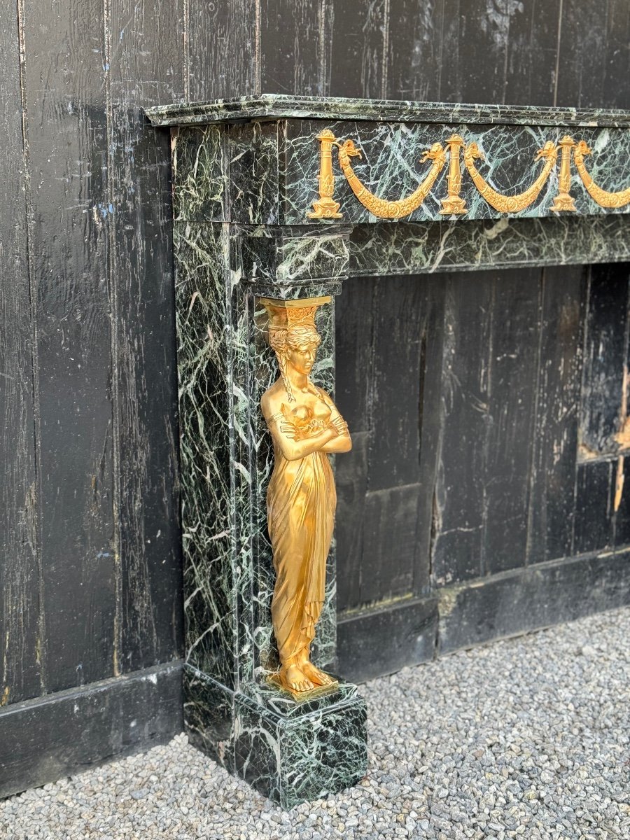 Cheminée De Style Empire En Marbre Vert Antique Et Bronzés Dorés Vers 1880-photo-7
