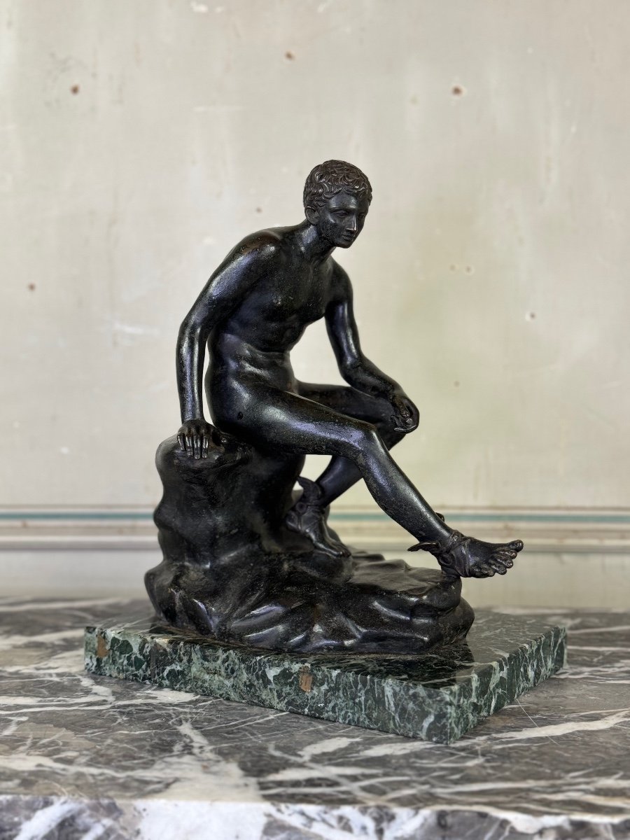 Hermès At Rest Bronze After The Antique On An Antique Green Marble Base, 19th Century 
