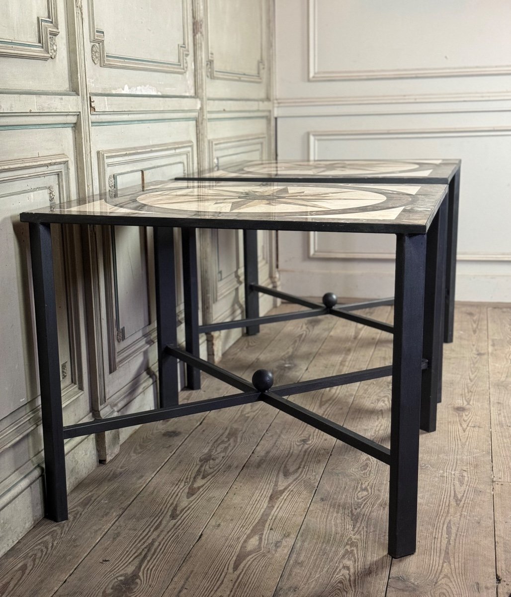 Pair Of Marble And Metal Tables, Compass Rose In Marble Marquetry, Circa 1990 -photo-4