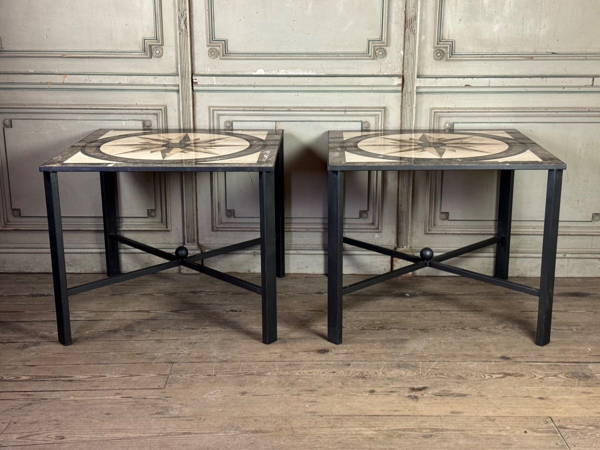 Pair Of Marble And Metal Tables, Compass Rose In Marble Marquetry, Circa 1990 