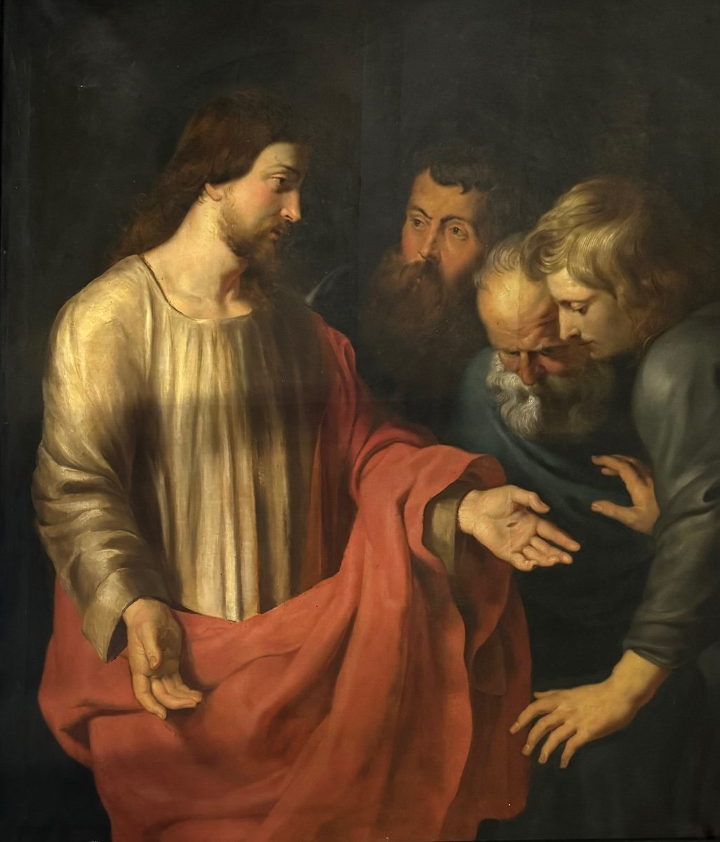 “the Incredulity Of Saint Thomas” Oil On Canvas After Rubens' Triptych, Circa 1800-photo-2