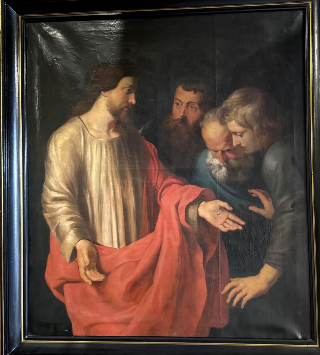 “the Incredulity Of Saint Thomas” Oil On Canvas After Rubens' Triptych, Circa 1800-photo-1