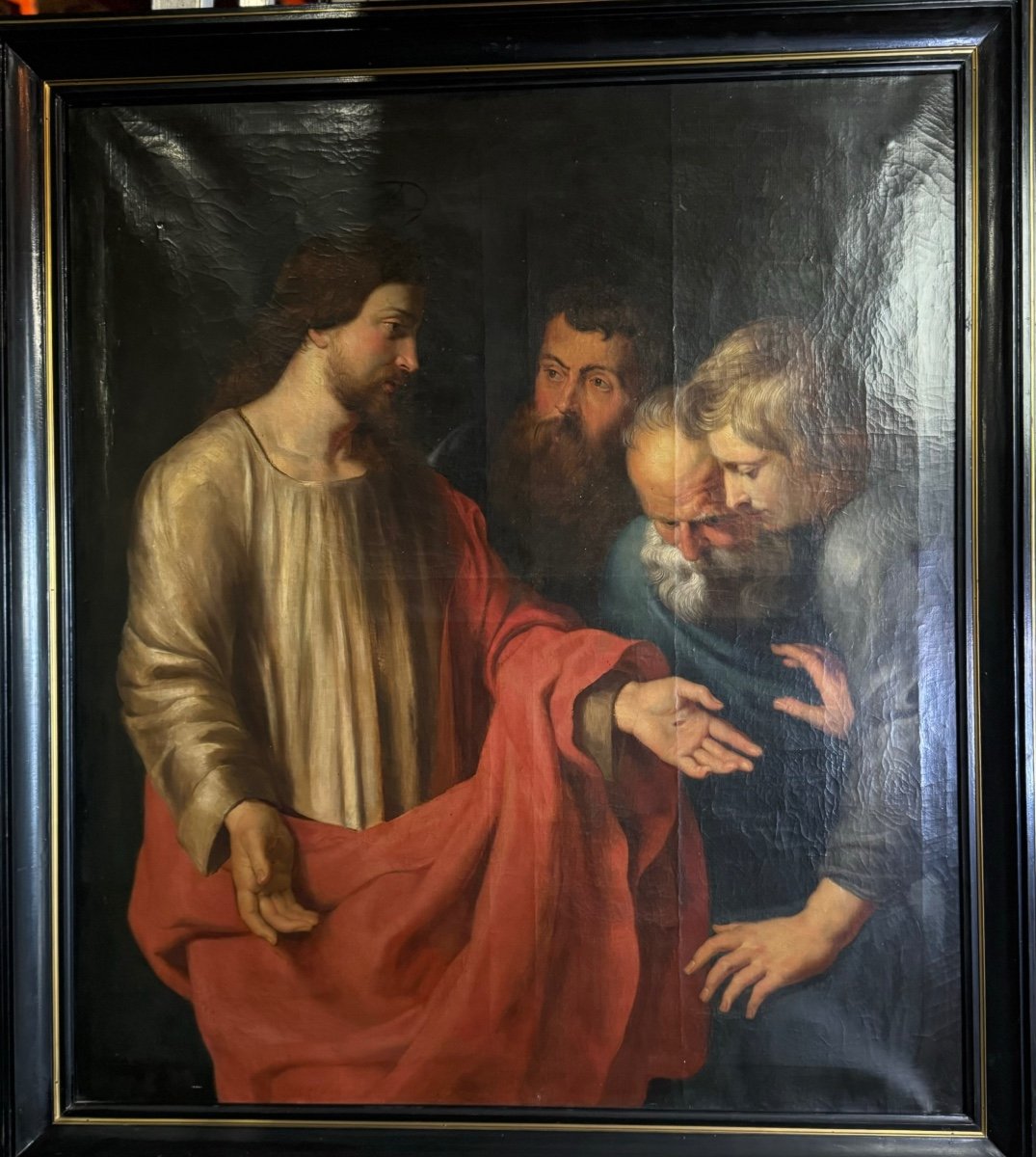“the Incredulity Of Saint Thomas” Oil On Canvas After Rubens' Triptych, Circa 1800-photo-2