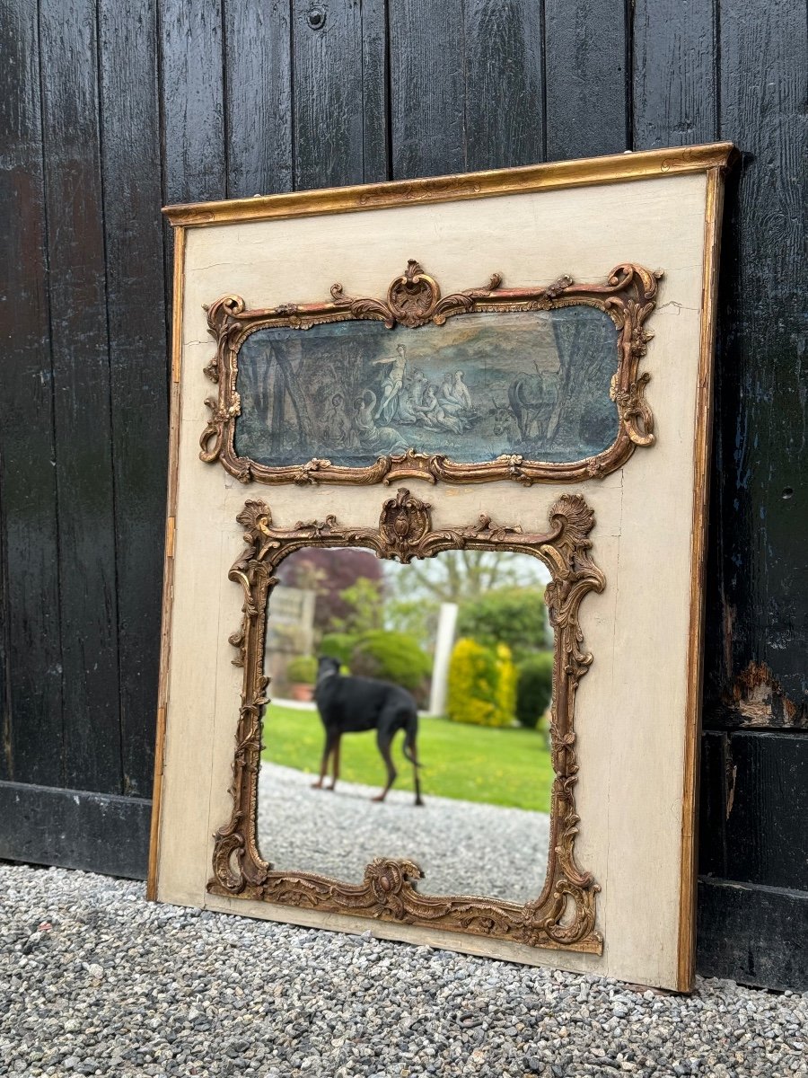 Fireplace Mirror Or Trumeau, Oil On Canvas And Gilded Wood, 18th Century -photo-3