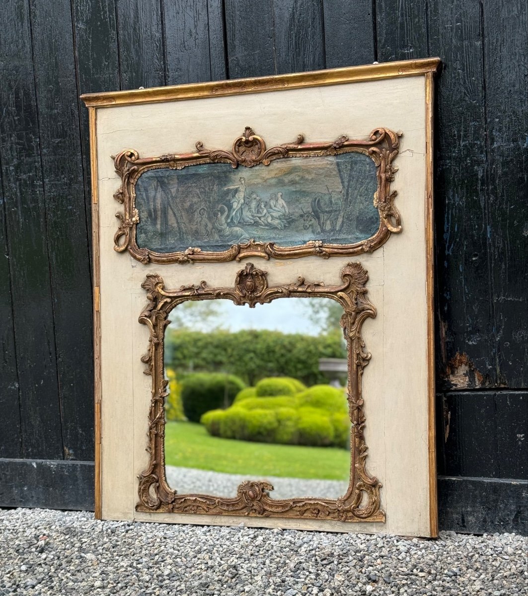 Fireplace Mirror Or Trumeau, Oil On Canvas And Gilded Wood, 18th Century 