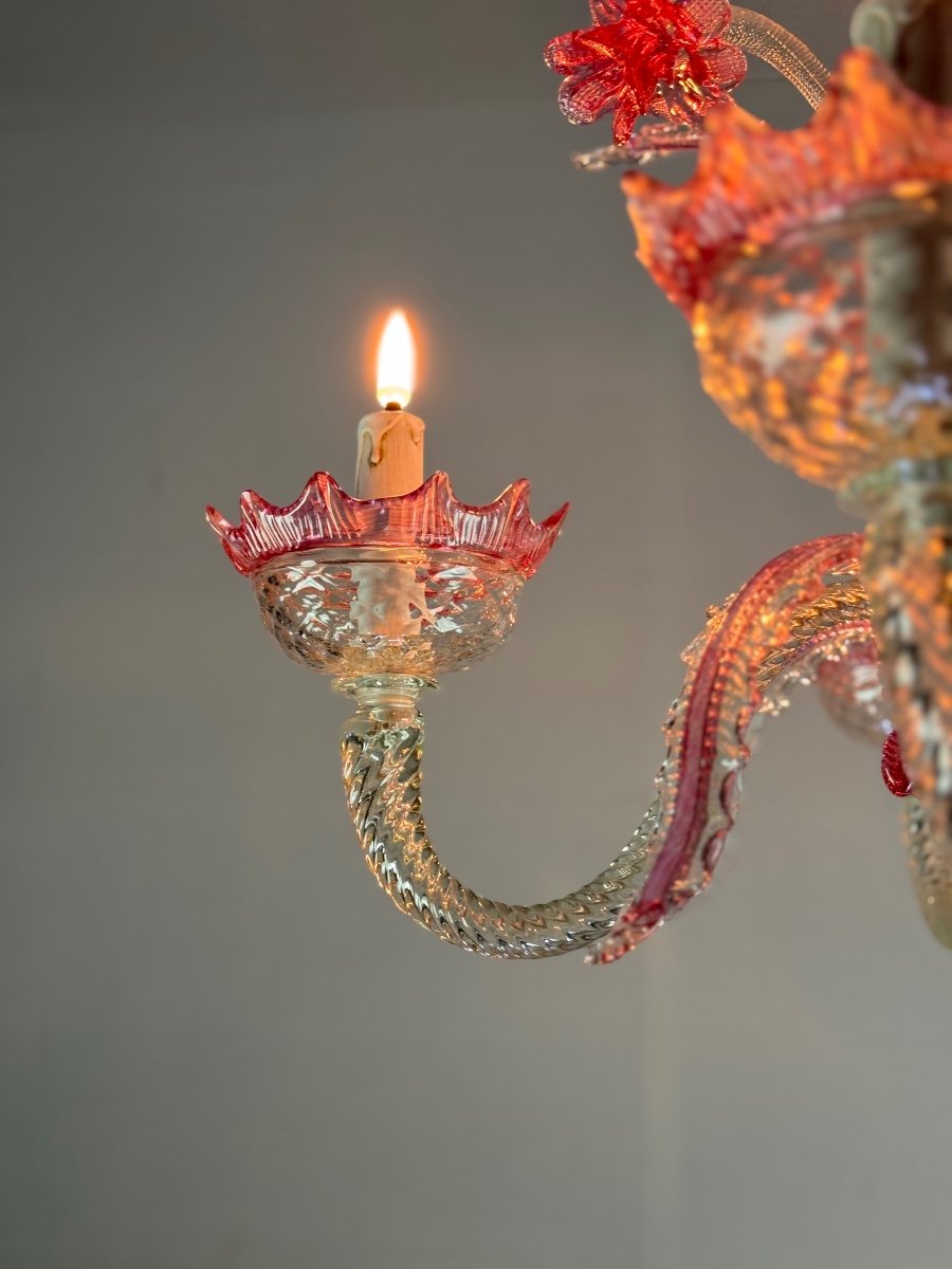 Venetian Chandelier In Colorless And Red Murano Glass 5 Arms Of Light, Circa 1950-photo-1