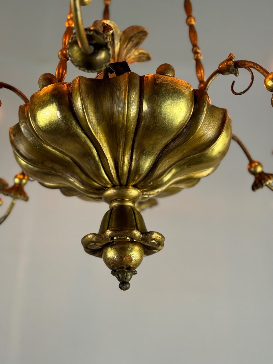 Lustre En Bois Doré Et Laiton, Europe Centrale Vers 1900 -photo-3