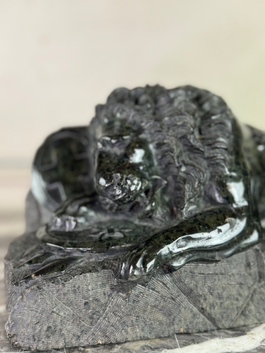 Sculpture En Marbre Vert Serpentine, Le Lion De Lucerne D’après Bertel Thorvaldsen Vers 1880-photo-3
