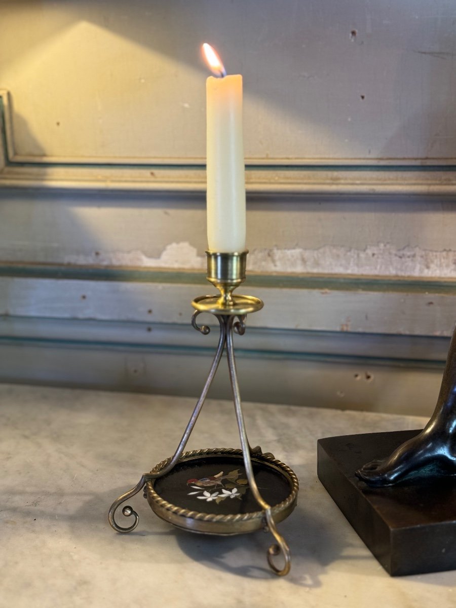  Pair Of Bronze And Pietra Dura Candlesticks, Marble Marquetry, Circa 1900-photo-2