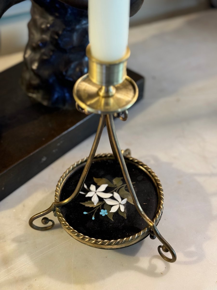  Pair Of Bronze And Pietra Dura Candlesticks, Marble Marquetry, Circa 1900-photo-2