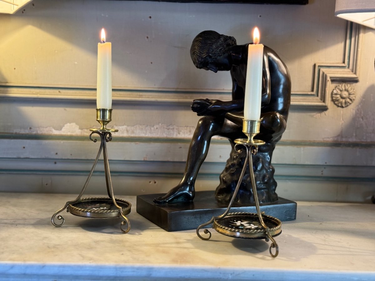  Pair Of Bronze And Pietra Dura Candlesticks, Marble Marquetry, Circa 1900-photo-4