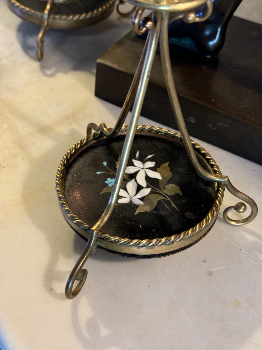  Pair Of Bronze And Pietra Dura Candlesticks, Marble Marquetry, Circa 1900-photo-7