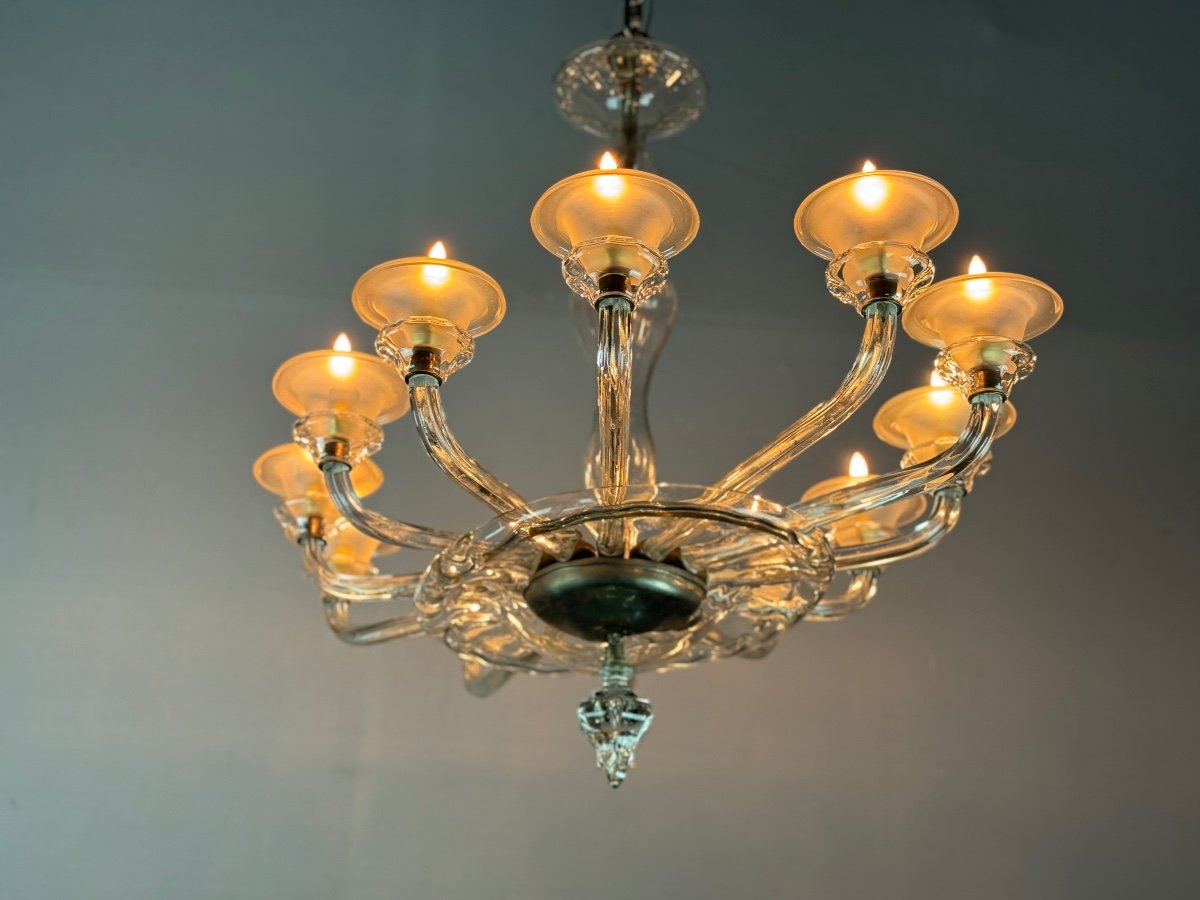 Lustre Vénitien Ovale En Verre De Murano, 12 Bras De Lumière Vers 1920 Par Barovier -photo-4