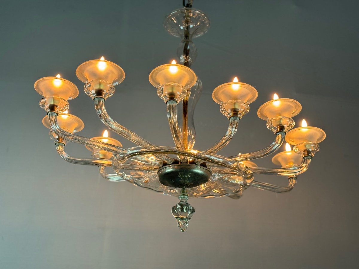 Lustre Vénitien Ovale En Verre De Murano, 12 Bras De Lumière Vers 1920 Par Barovier -photo-6