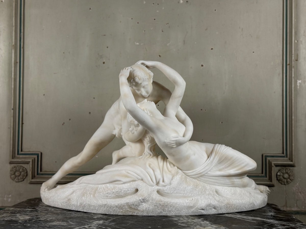 Cupid And Psyche, White Carrara Marble Sculpture After Canova, Circa 1880