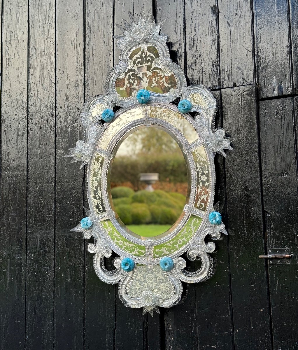 Colorless And Blue Murano Glass Venetian Mirror 