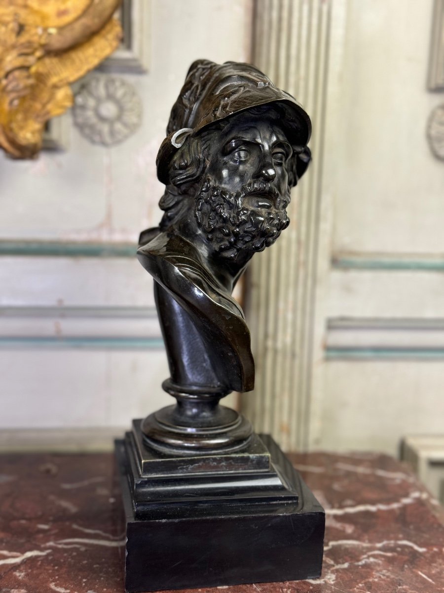 Buste D’ajax, Bronze Patine Noire Sur Un Socle En Marbre Noir De Belgique, XIXème Siècle-photo-3