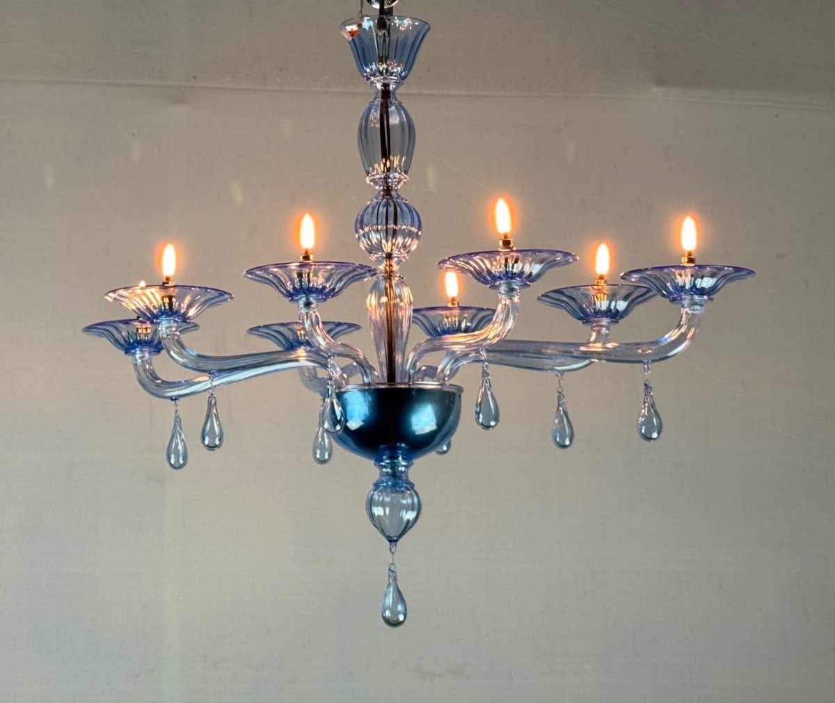 Lustre Vénitien En Verre De Murano Bleu, 8 Bras De Lumière-photo-7