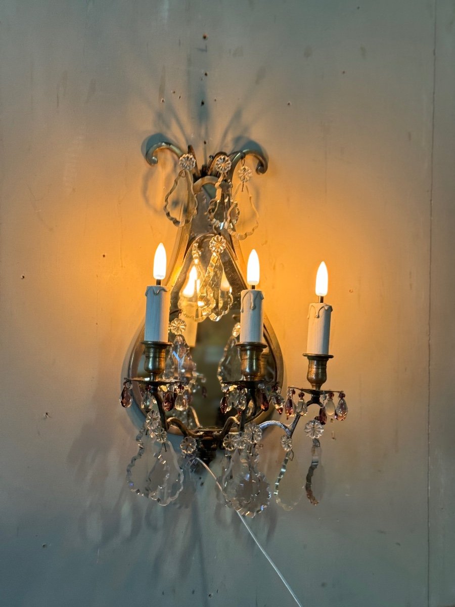 Pair Of Lyre-shaped Wall Lights, Silver-plated Metal ,cut Crystals And Mirror, Circa 1900-photo-4