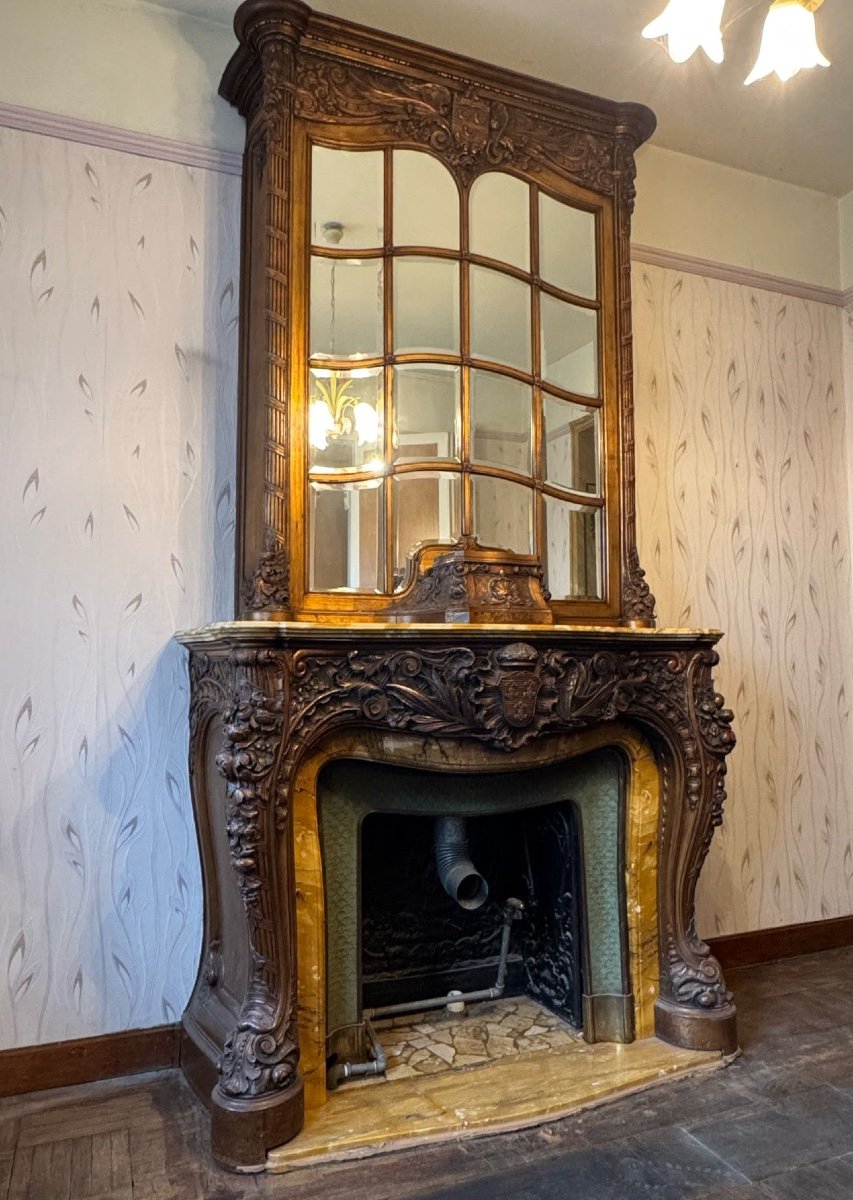 Impressive Fireplace And Its Trumeau In Carved Wood Underlined With Yellow Siena Marble -photo-7