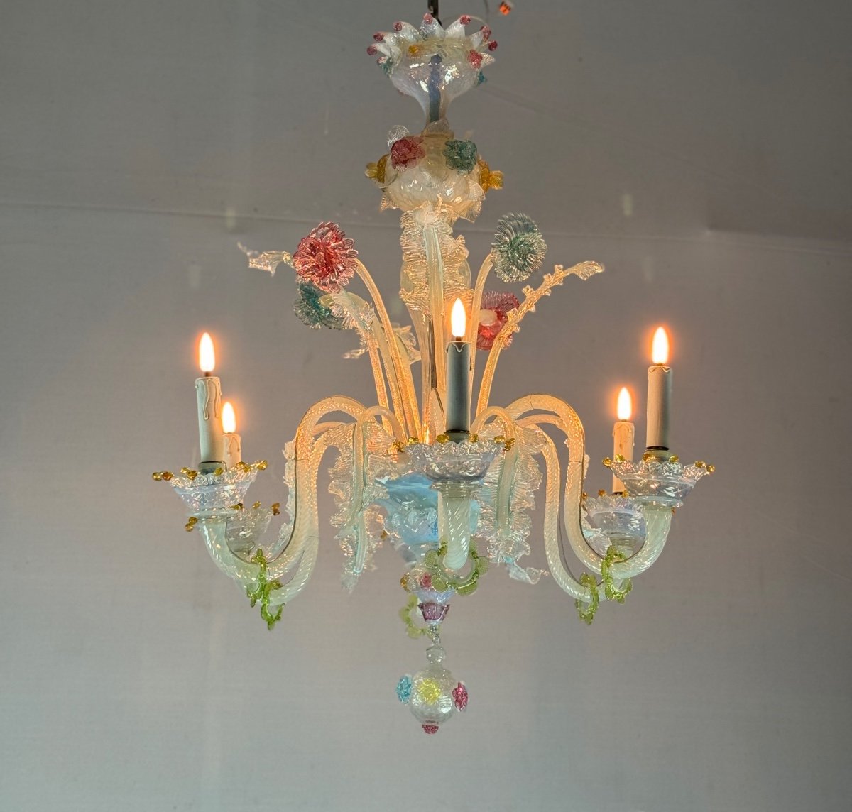 Multi-colored Murano Glass Venetian Chandelier, Six Light Arms, Circa 1920